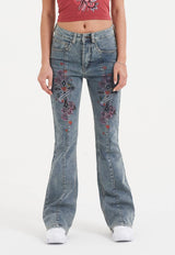 Womens Floral Cross Flared Jeans - Mid Blue