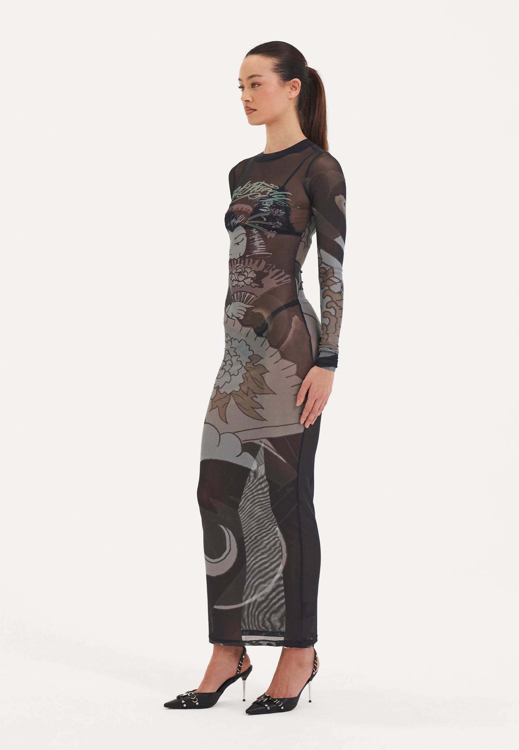 Womens Geisha Fan Mesh Long Sleeve Maxi Dress Black – Ed Hardy UK