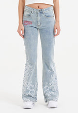 Womens Jumping Koi Denim Flared Jeans - Bleach