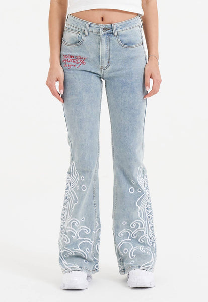 Womens Jumping Koi Denim Flared Jeans - Bleach – Ed Hardy UK