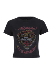 Womens La-Roar-Tiger Diamante Cropped Baby Tshirt Top - Black