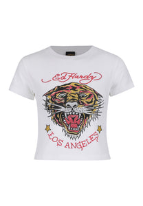 Womens La-Roar-Tiger Diamante Cropped Baby Tshirt Top - White