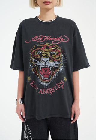 Womens La Tiger Vintage Diamante Tshirt - Black