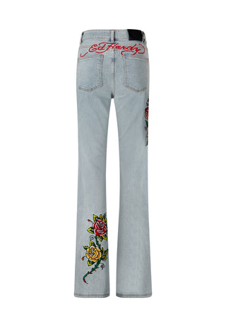 Womens Lady Rose Flared Denim Trousers Jeans - Blue