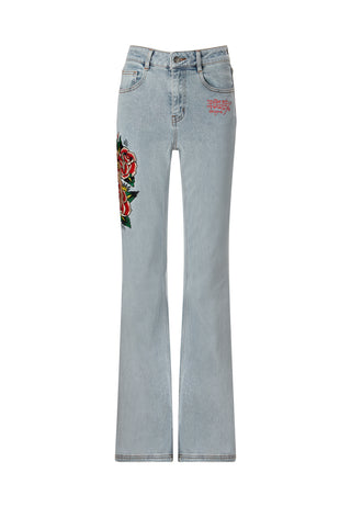 Womens Lady Rose Flared Denim Trousers Jeans - Blue