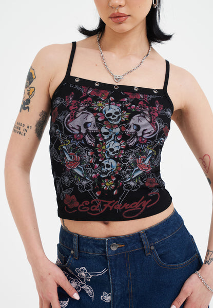 Womens Leopard Print Eyelet Vest Top - Black – Ed Hardy UK
