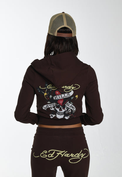 Womens Lks Graphic Cropped Zip Thru Hoodie - Brown – Ed Hardy UK