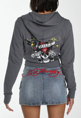 Womens Lks Graphic Cropped Zip Thru Hoodie - Grey