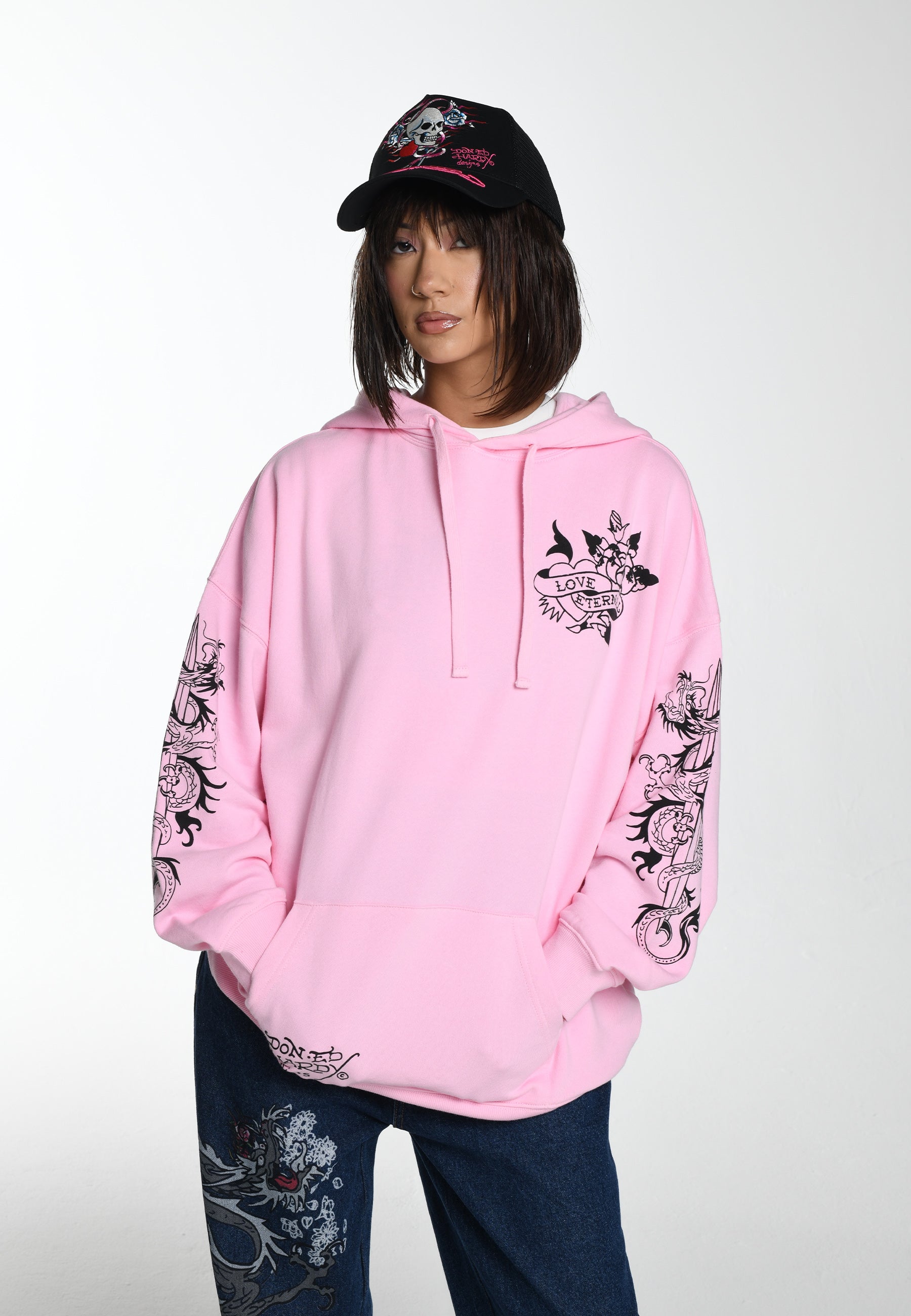Womens Love Eternal Graphic Relaxed Hoodie - Pink – Ed Hardy UK
