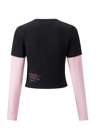Womens Love Eternal Lily Double Sleeve Shrunken T-Shirt - Black
