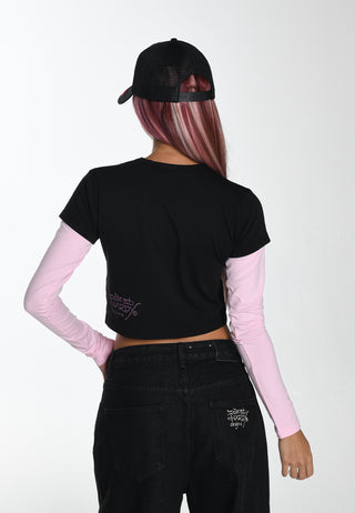 Womens Love Eternal Lily Double Sleeve Shrunken T-Shirt - Black