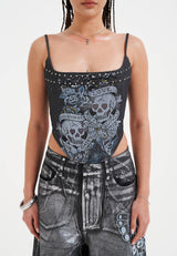 Womens Love Kills Denim Stud Corset Top - Black