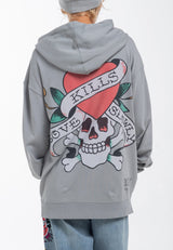 Womens Love Kills Slowly Zip Through Hoodie - Grey