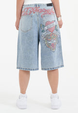 Womens Love Runs Wild Diamante Denim Jorts Shorts  - Bleach