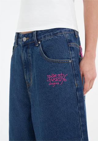 Womens Love Wrapped Diamante Denim Jorts Shorts  - Indigo
