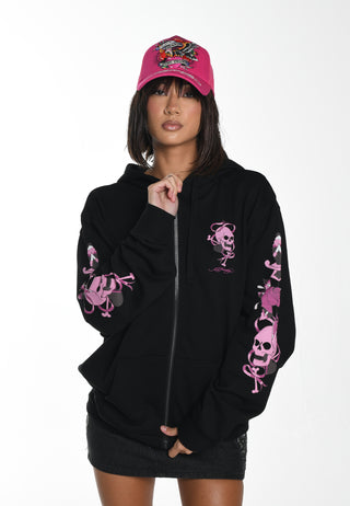 Womens Love Wrapped Graphic Relaxed Zip Thru Hoodie - Black