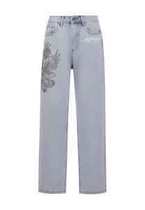 Womens Nyc Diamante Relaxed Denim Trousers Jeans - Bleach