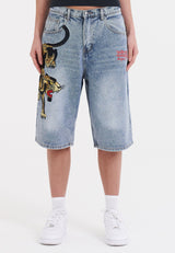 Womens Panther Crawl Relaxed Denim Jorts Shorts - Bleach