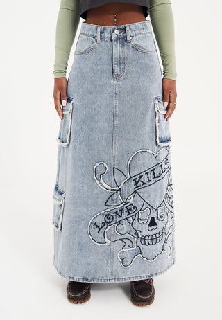 Womens Raw Edge Lks Denim Maxi Skirt - Bleach