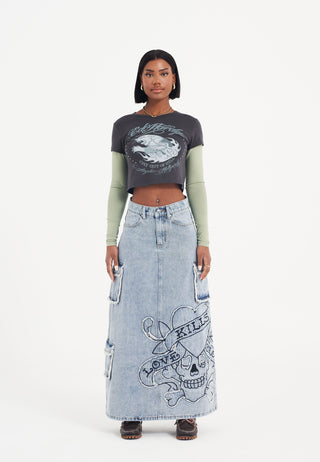 Womens Raw Edge Lks Denim Maxi Skirt - Bleach