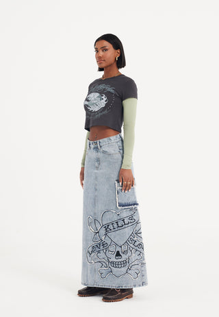 Womens Raw Edge Lks Denim Maxi Skirt - Bleach