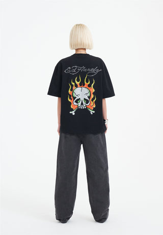 Womens Skull Flame Diamante Tshirt - Black