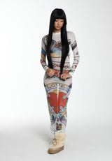 Womens Tattoo Collage Mesh Long Sleeve Dress - White