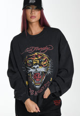 Womens Tiger-Vintage-Roar Graphic Relaxed Crew Neck Sweatshirt - Black