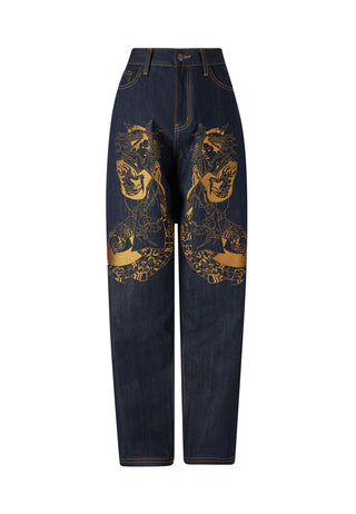 Womens Traditional Geisha Tonal Relaxed Denim Trousers Jeans - Indigo