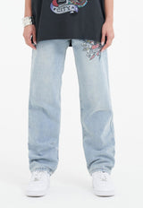 Womens True Death Diamante Straight Denim Trousers Jeans - Bleach