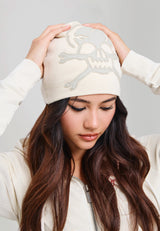 Unisex Skull Vegan Leather Applique Beanie - Cream