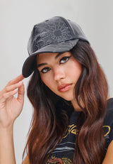 Unisex Vegan Leather Spiderweb 5 Panel Trucker Cap - Black