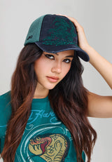 Unisex Outline Dragon Distressed 5 Panel Trucker Cap - Black