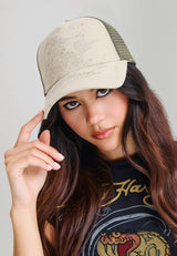 Unisex Outline Dragon Distressed 5 Panel Trucker Cap - Khaki