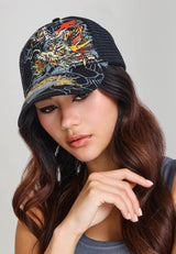Unisex Crawling Dragon 5 Panel Trucker Cap - Black