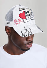 Unisex Live Fast Love Hard 5 Panel Trucker Cap - White