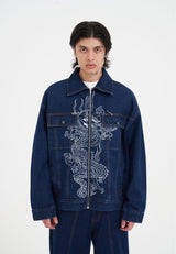 Mens Dragon Embroidered Denim Jacket - Indigo