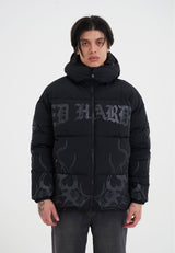 Mens Flaming Rose Outline Reversible Puffer Coat - Black