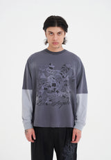 Mens Floral Glory Skull Long Sleeve T-Shirt - Grey