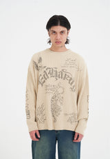 Mens Gothic Ribbed Knit Crew Jumper - Beige