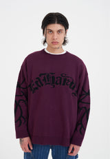Mens Intarsia Tattoo Dragon Knitted Crew Jumper - Burgundy