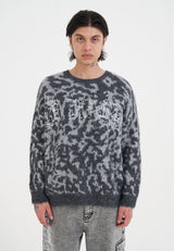 Mens Intarsia Leopard Knitted Crew Jumper - Grey