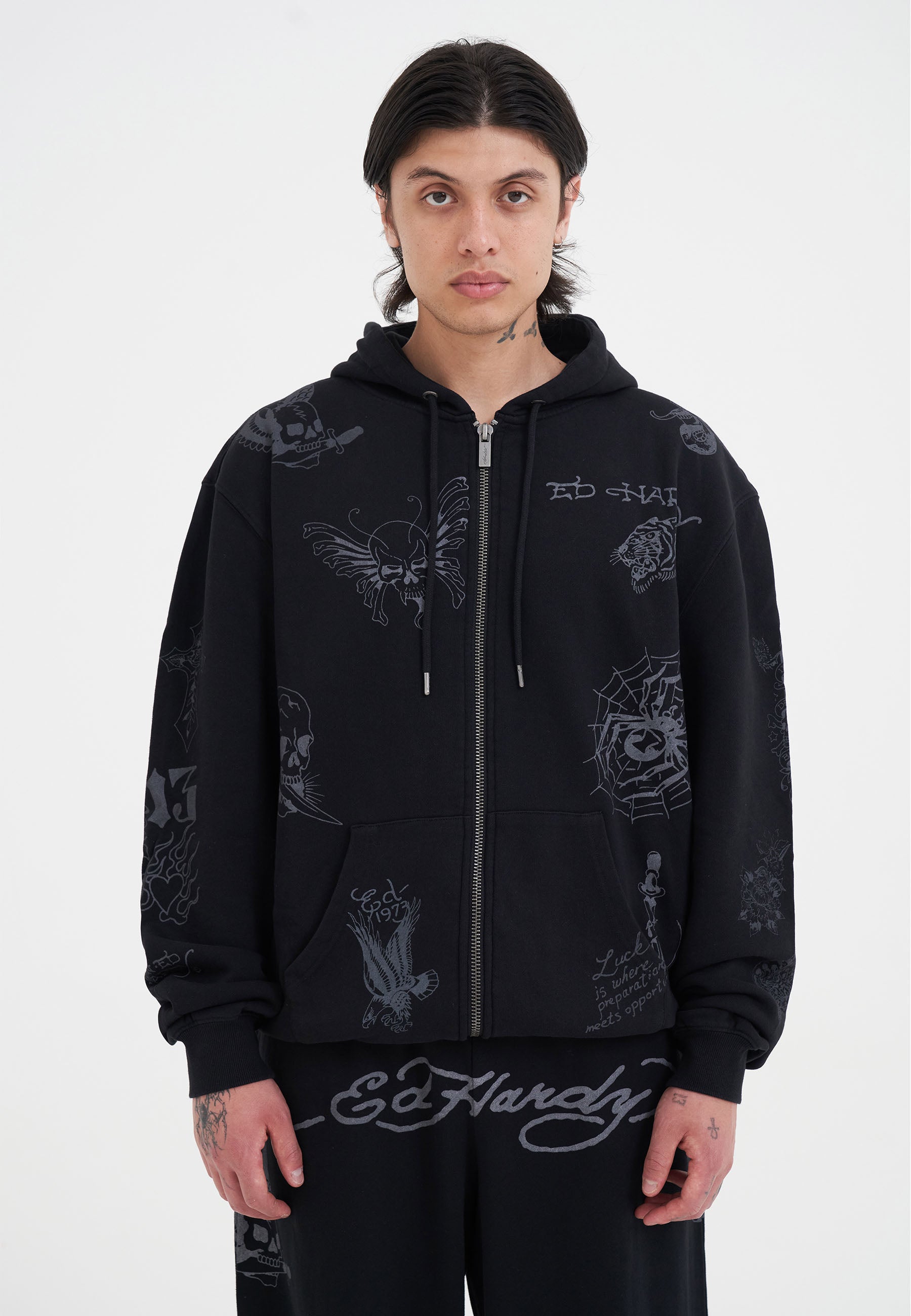 Mens Tattoo Club Zip Thru Hoodie - Black - S / BLACK
