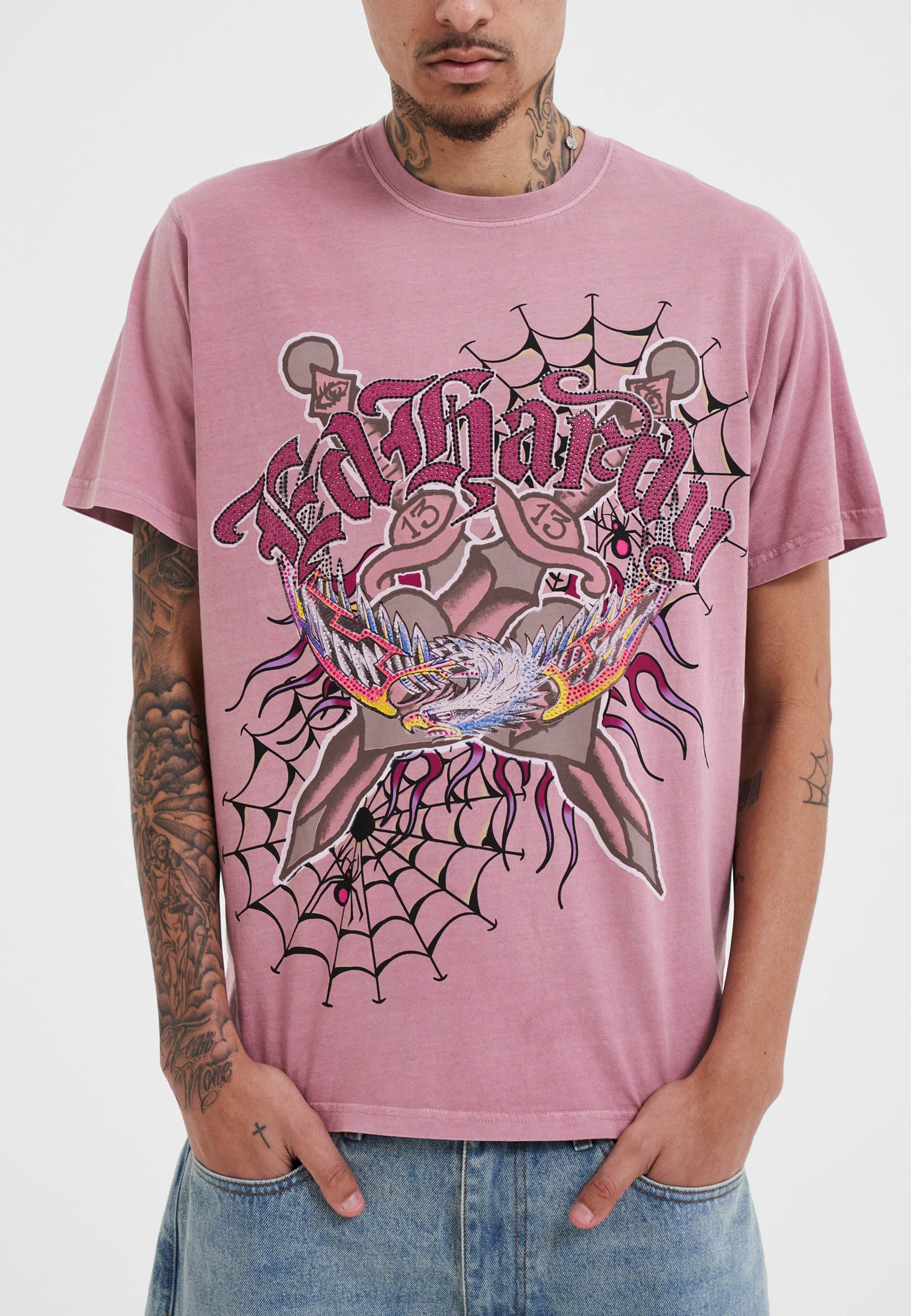 Mens Gothic Lightning Eagle Diamante T-Shirt Pink – Ed Hardy UK