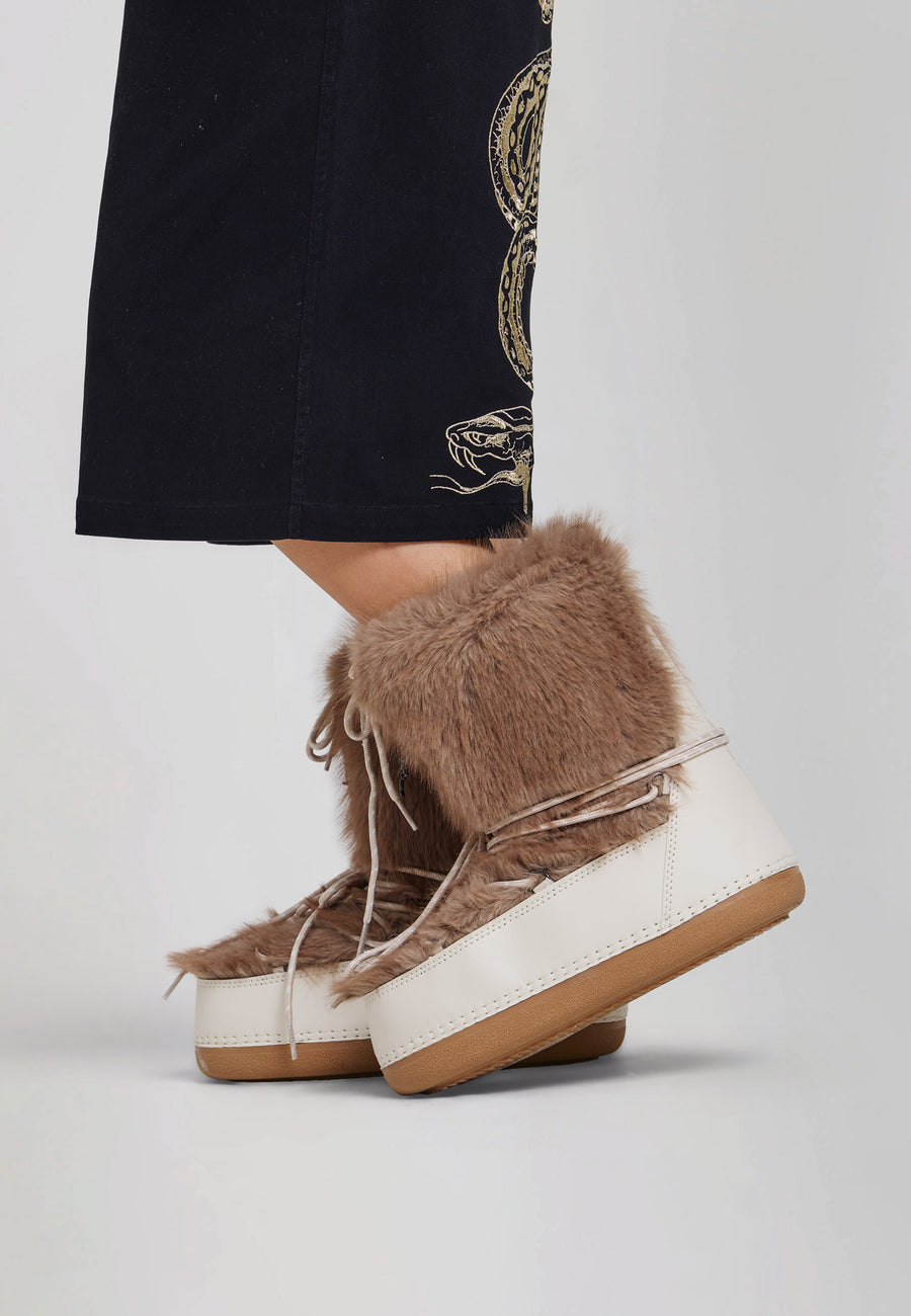 Womens Fur Snow Boot - Brown / Ecru