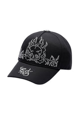 Unisex Flaming Skull 6 Panel Pearl Cap - Black