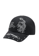 Unisex Lucky Dragon 6 Panel Contrast Stitch Denim Cap - Black
