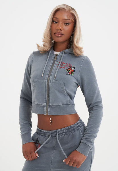 Womens Flaming Tiger Cropped Zip Thru Hoodie - Charcoal – Ed Hardy UK