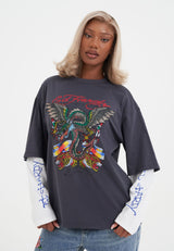 Womens Flying Dragon Double Sleeve T-Shirt - Charcoal