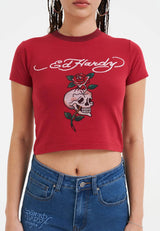 Womens Skull Rose Diamante Baby T-Shirt Top - Red